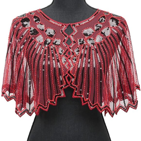 Women's Beaded Sequin Wrap Shawl 1920s Flapper Cape for Evening Parties - Picture 4 of 6
